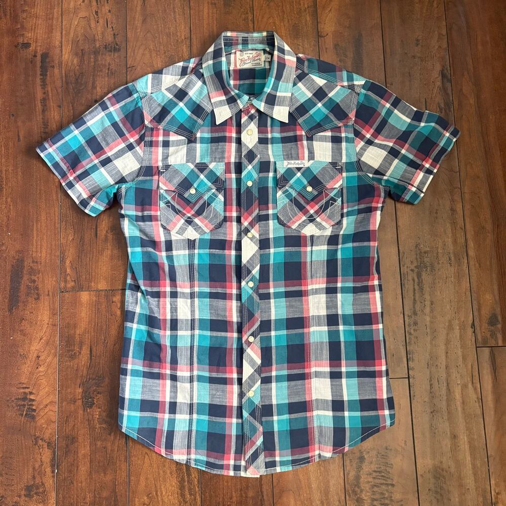 True Religion Pearl Snap Western Shirt Mens M Blue Plaid Cowboy Ranch Wear